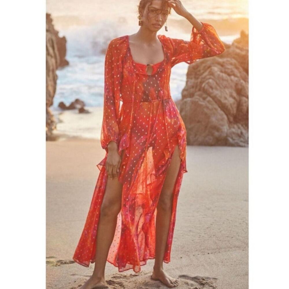 By Anthropologie Long Sleeve Ruffle Mesh Maxi Dress Size XS